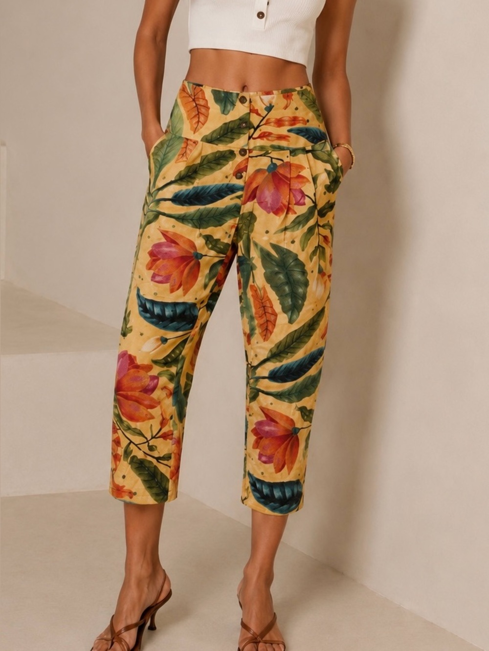 Farm Rio Tropical leaf Floral Pants Small Front Pleat Side Zip Wood Buttons